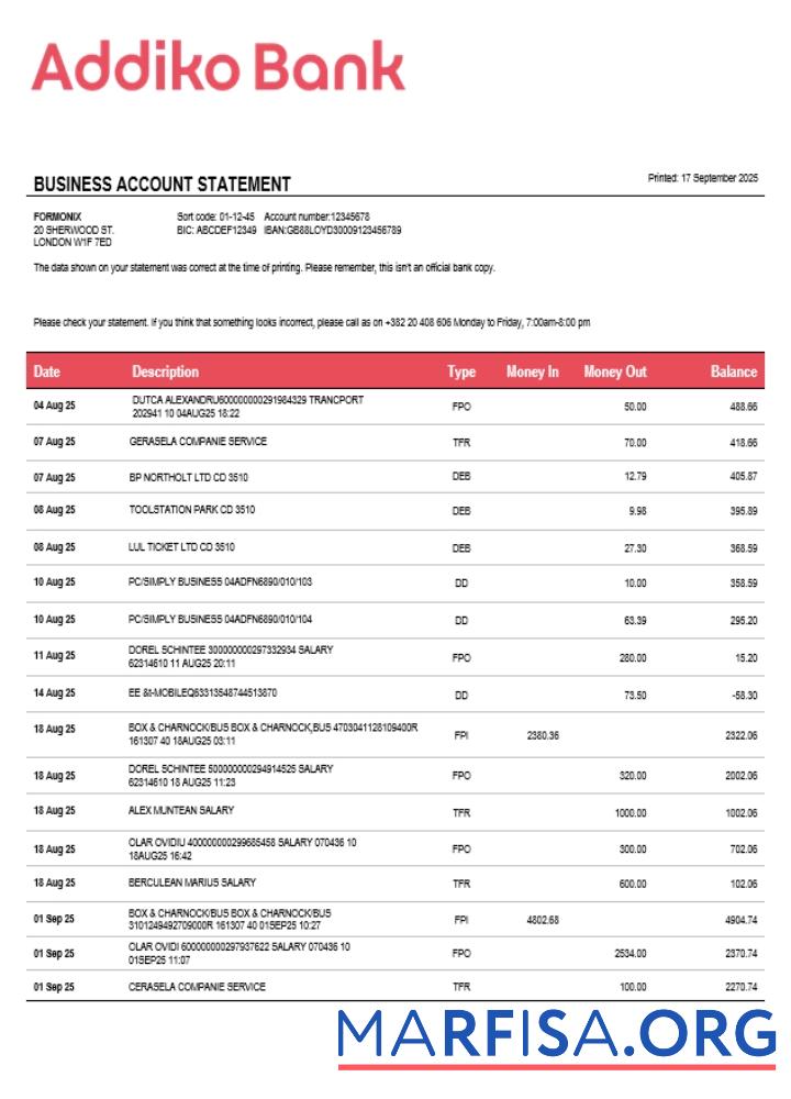 Printable Montenegro Addiko enterprise account statement Word and PDF template (1)